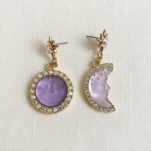 Goddess Moon Sun Star Earrings Face Mismatch Gold Deco Celestial CZ Asymmetric